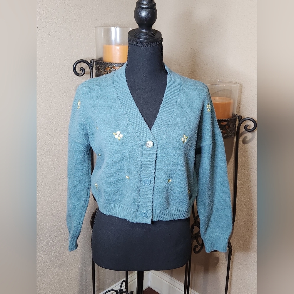 Witty Fox Cozy Grandma Embroidered Green Cardigan Sweater
